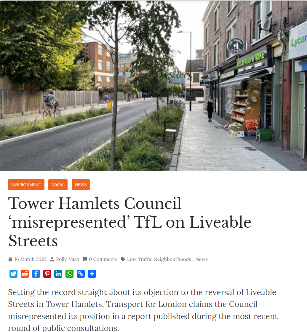 Screenshot of article on the website of the Roman Road publication, showing an image of a single-lane tree-lined street with a person riding a bicycle and local shops. Screenshot also shows the title of the news story and the first paragraph.